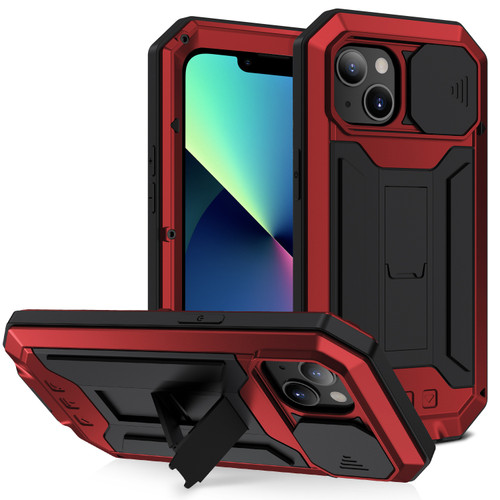 iPhone 13 mini R-JUST Sliding Camera Shockproof Life Water Resistant Dust-proof Metal + Silicone Protective Case with Holder - Red